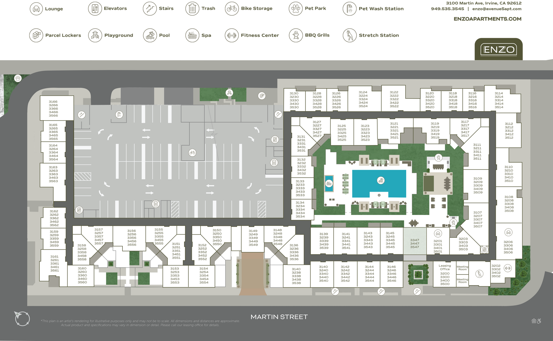 Site Map of Enzo Apartments in Irvine, CA.