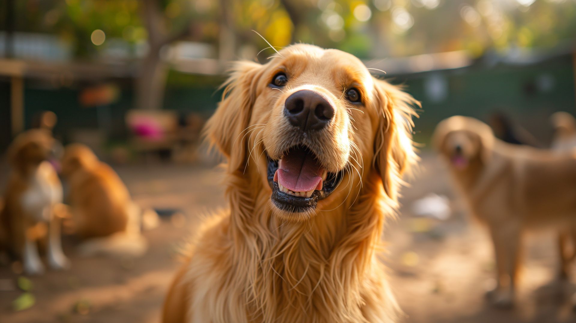 Happy Golden Retriever smiling at a sunny doggy day care with friends in the background.