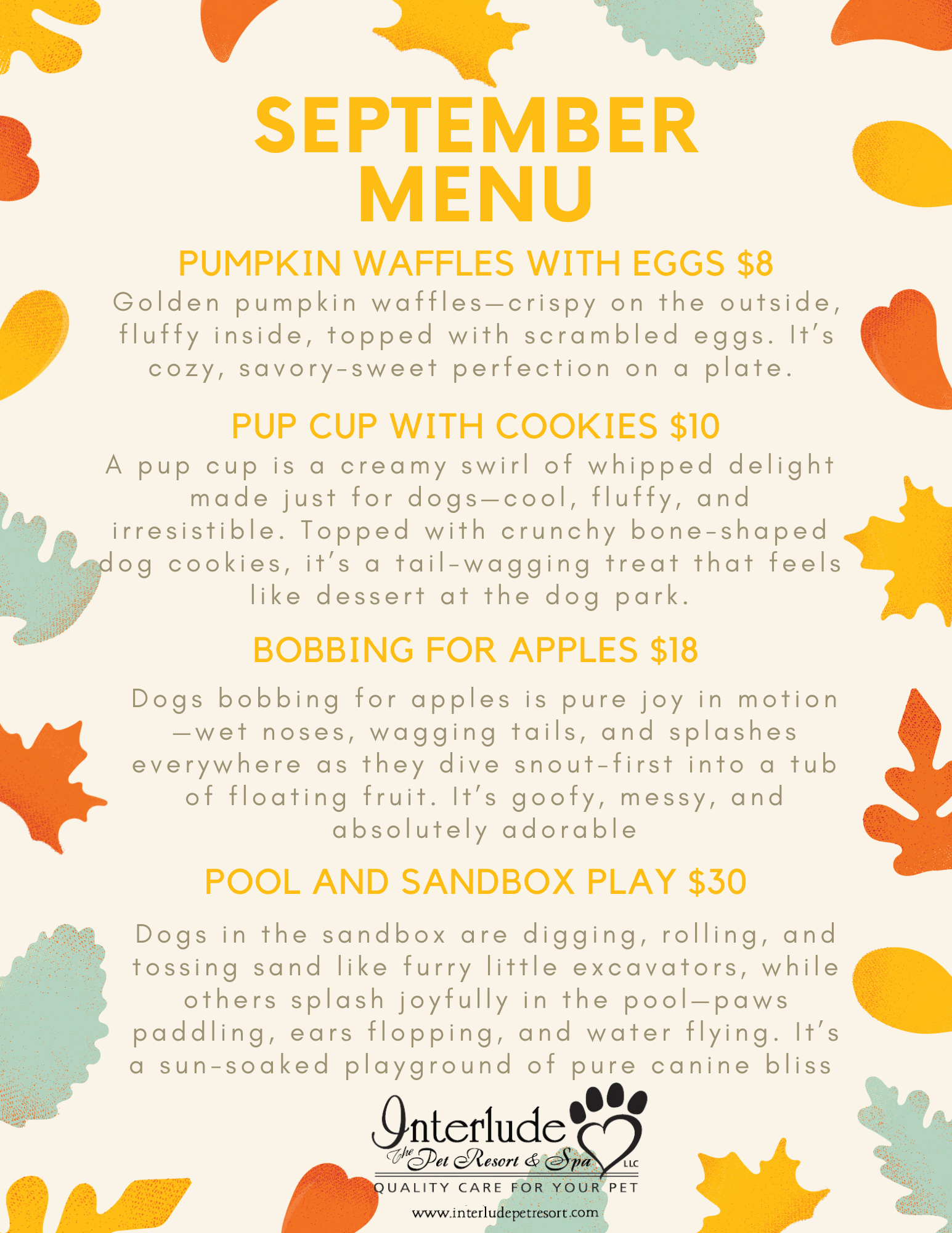 September menu with text about events, decorated with a pumpkin and leaves.