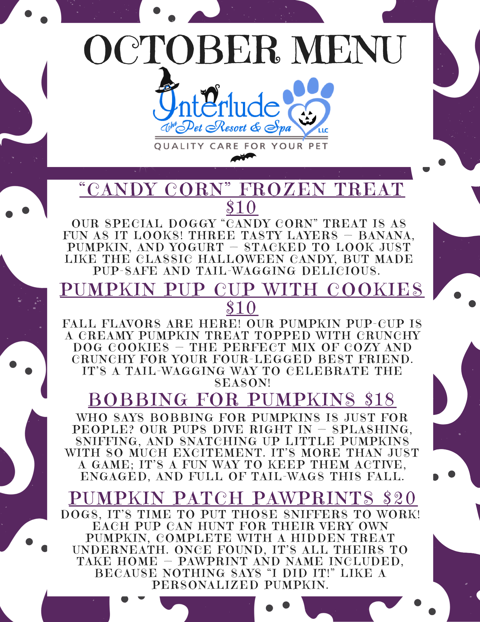 July menu for pets with cookout, water play, sandbox treasure hunt, and blueberry pancakes.