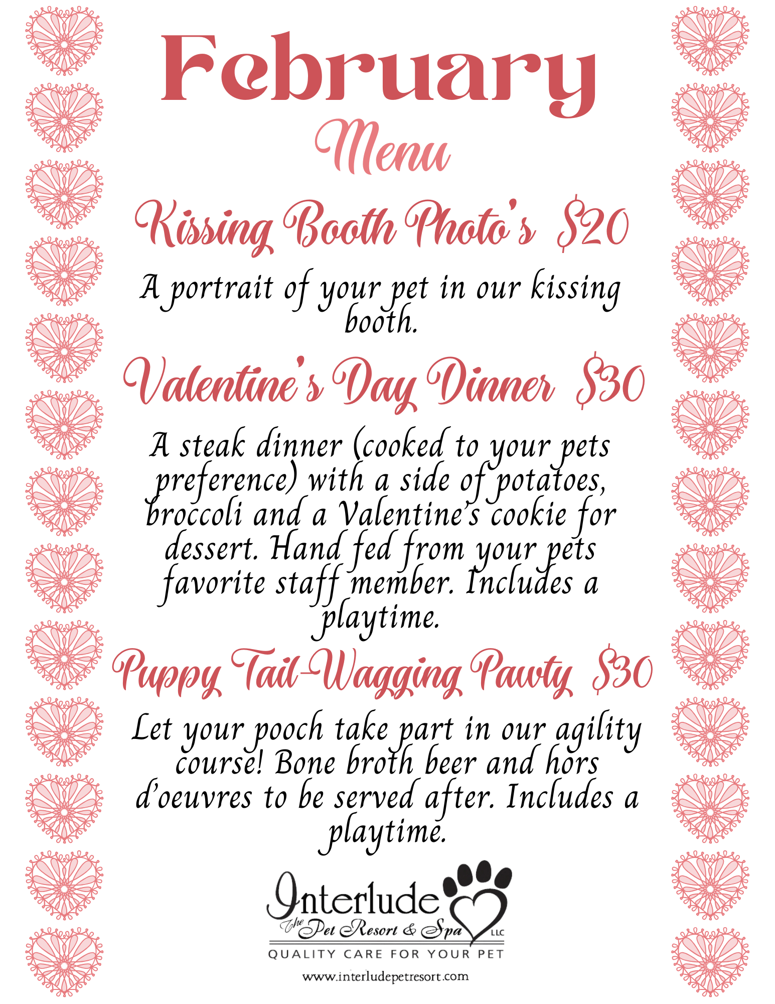 February menu with text about events, decorated with a watermelon, sunglasses, and pineapple.