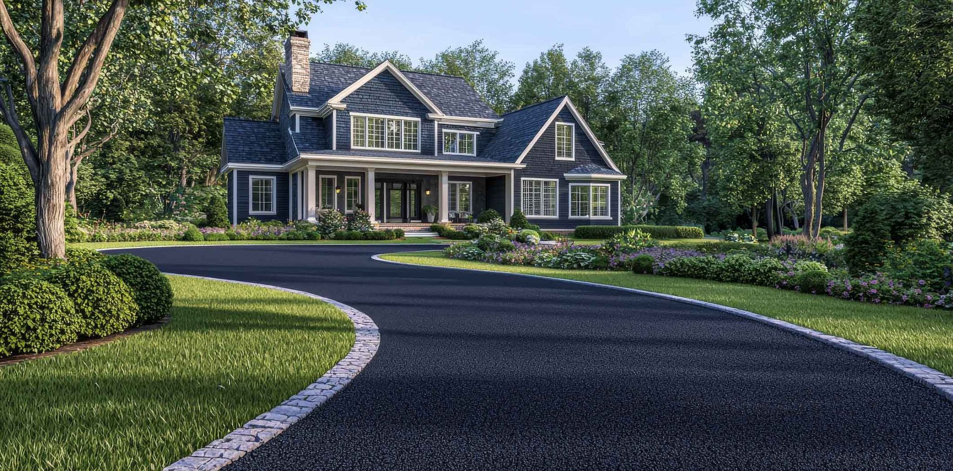 Gleaming in the sunlight, the perfectly paved asphalt driveway with a fresh dark sealcoat Gleaming in the sunlight, the perfectly paved asphalt driveway with a fresh dark sealcoat