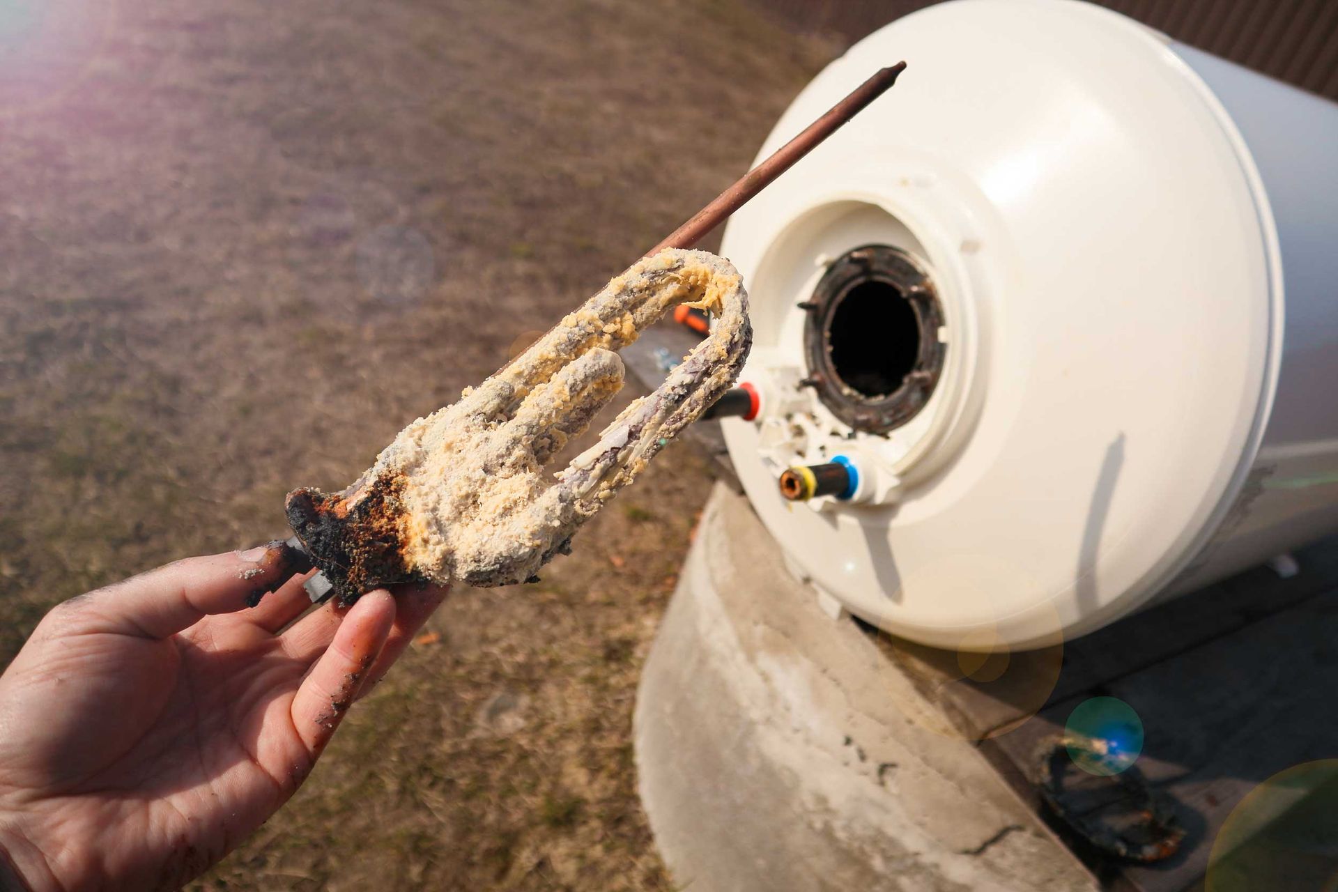 Damaged heating element from a water heater with visible mineral buildup. Damaged heating element from a water heater with visible mineral buildup.
