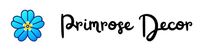 Primrose Decor text with logo of a Primrose Flower in light blue