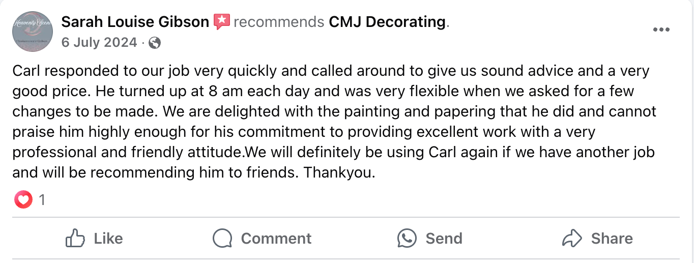A facebook post from sarah louise gibson recommends cmj decorating.