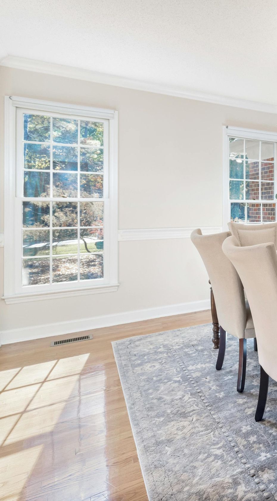 Dining room with table and chairs, two windows, sunlight on wooden floor, light gray rug.
