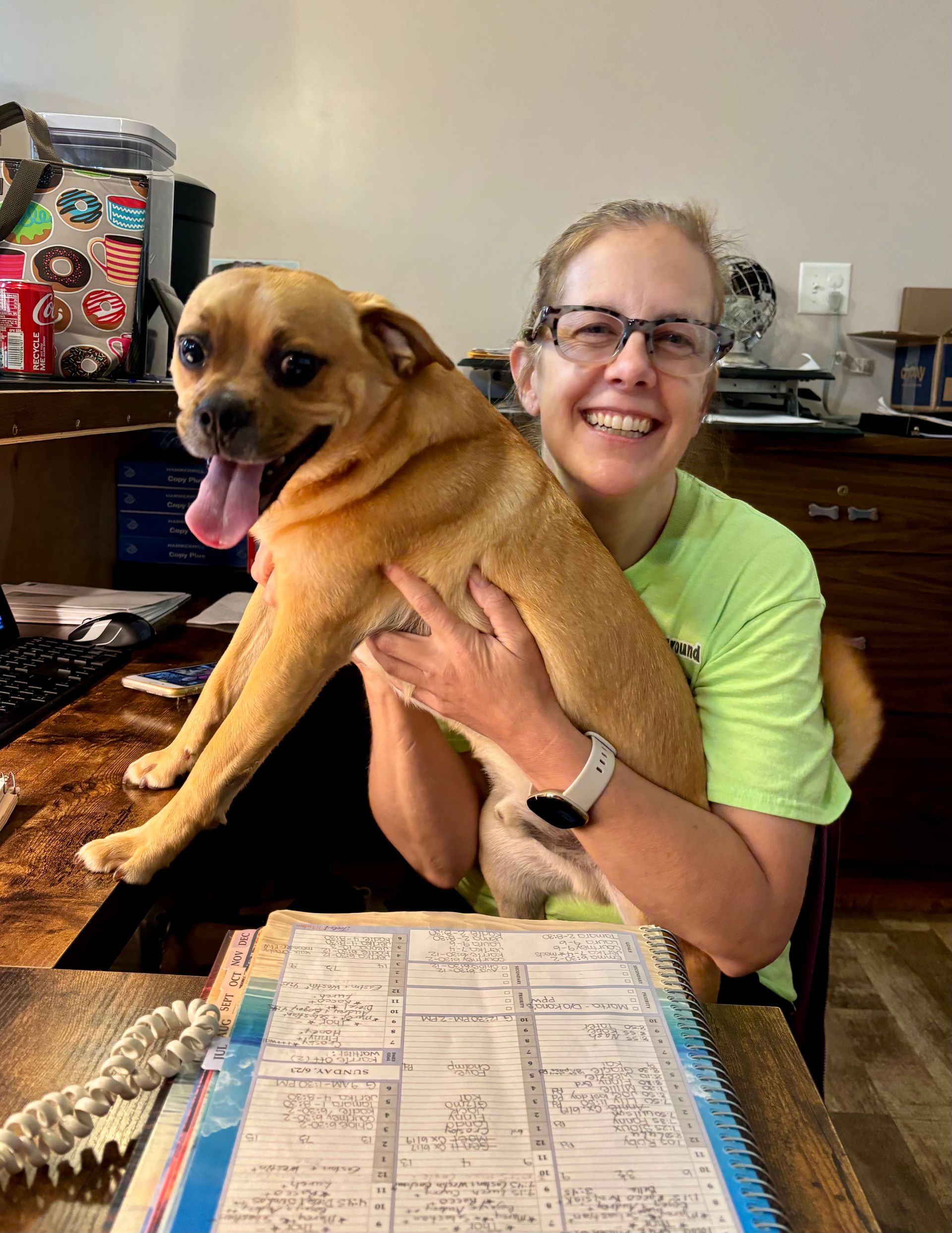 A woman in a blue shirt is hugging a dog