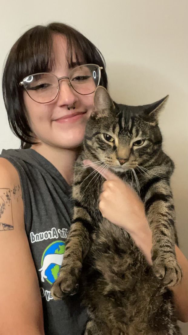 A woman is holding a gray and white cat in her arms.