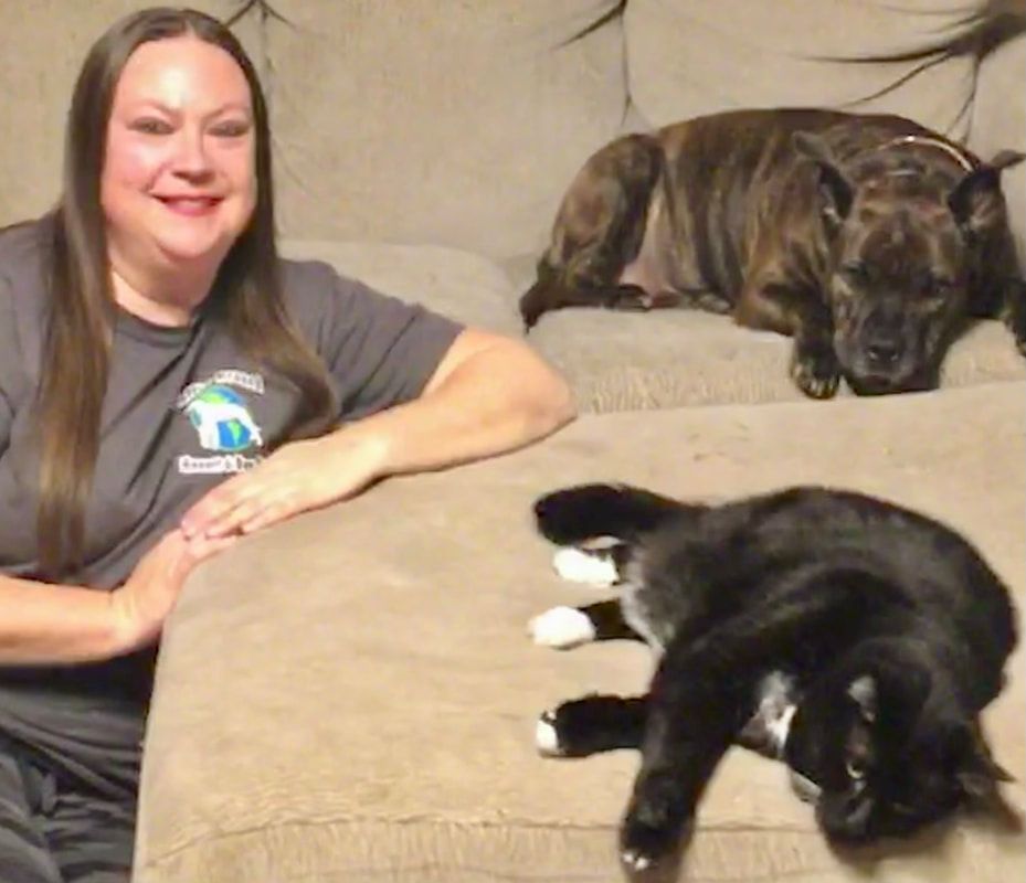 A woman is sitting on a couch with a dog and a cat