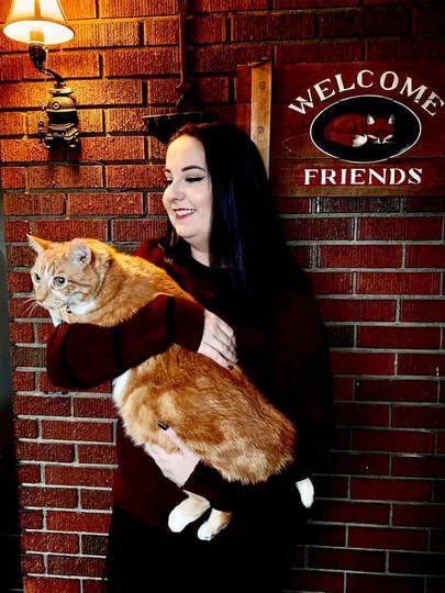 A woman is holding an orange cat in front of a brick wall.