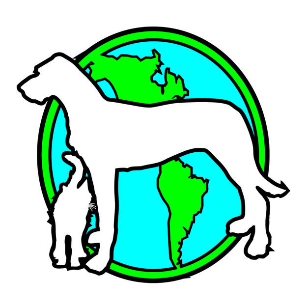 A dog and a cat are standing in front of a globe.