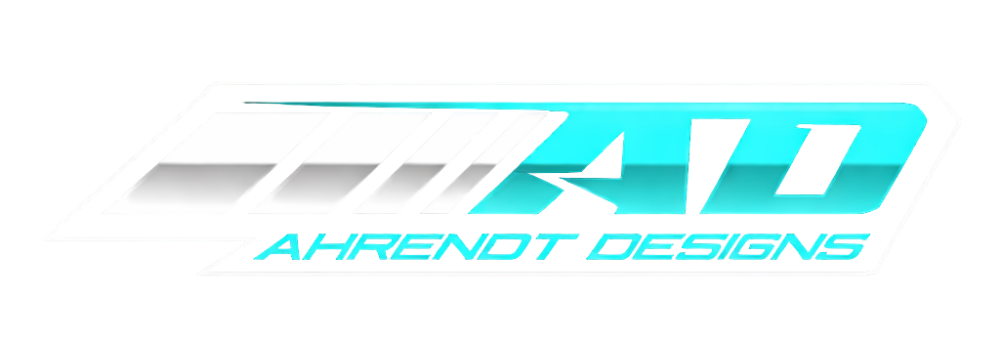 The logo for Ahrendt Designs featuring blue-to-white gradient initials 