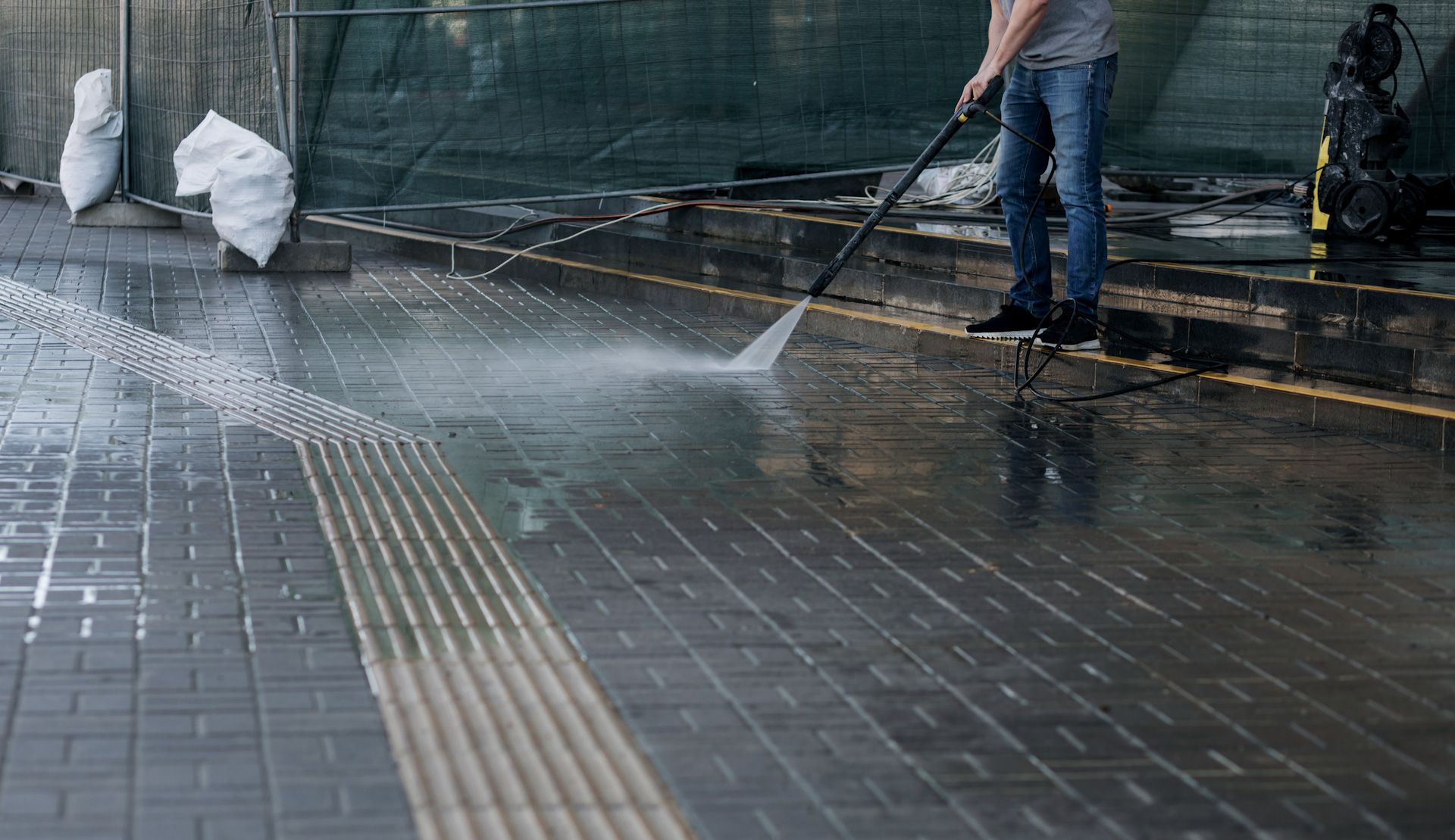 A man is using a high pressure washer to clean a brick sidewalk.