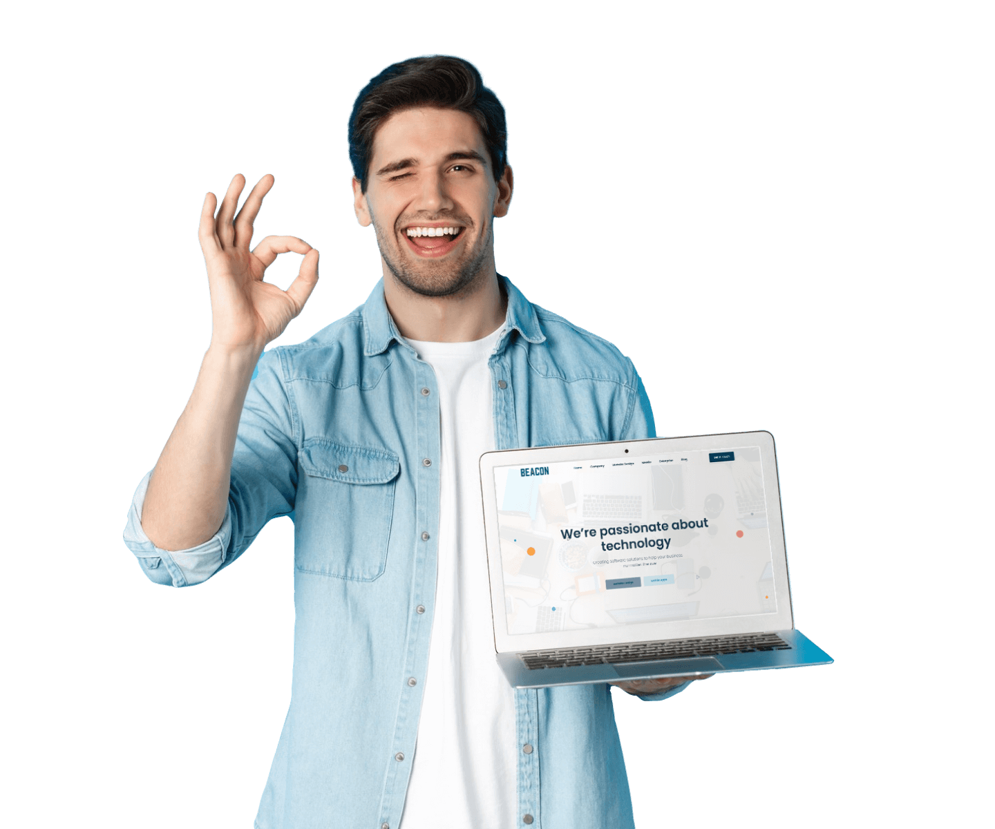 man winking and holding laptop