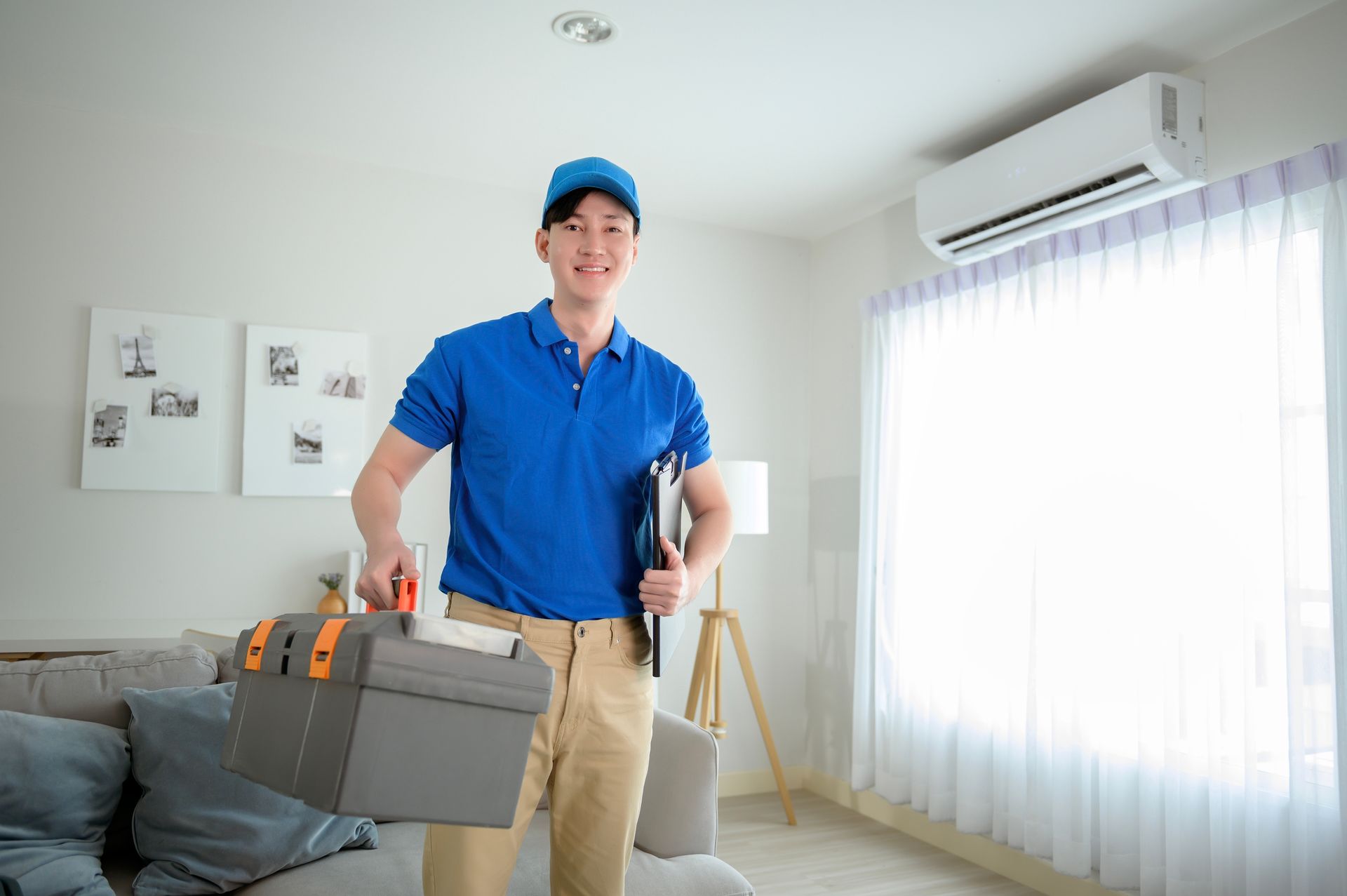 Smiling HVAC technician in blue uniform holds a toolbox and clipboard near a wall-mounted air conditioner.