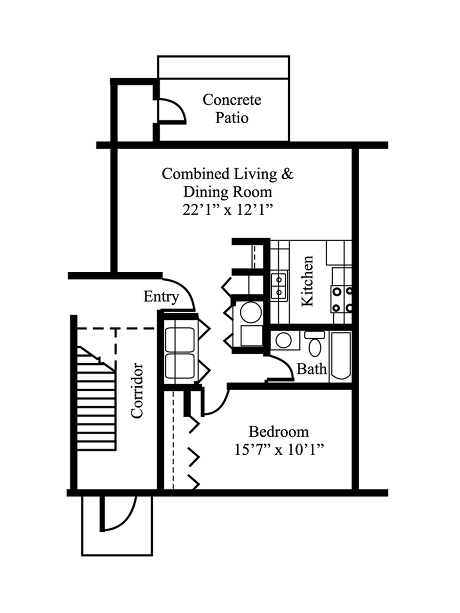 Floor plan of a small apartment, including living/dining, kitchen, bedroom, entry, bath, and concrete patio.