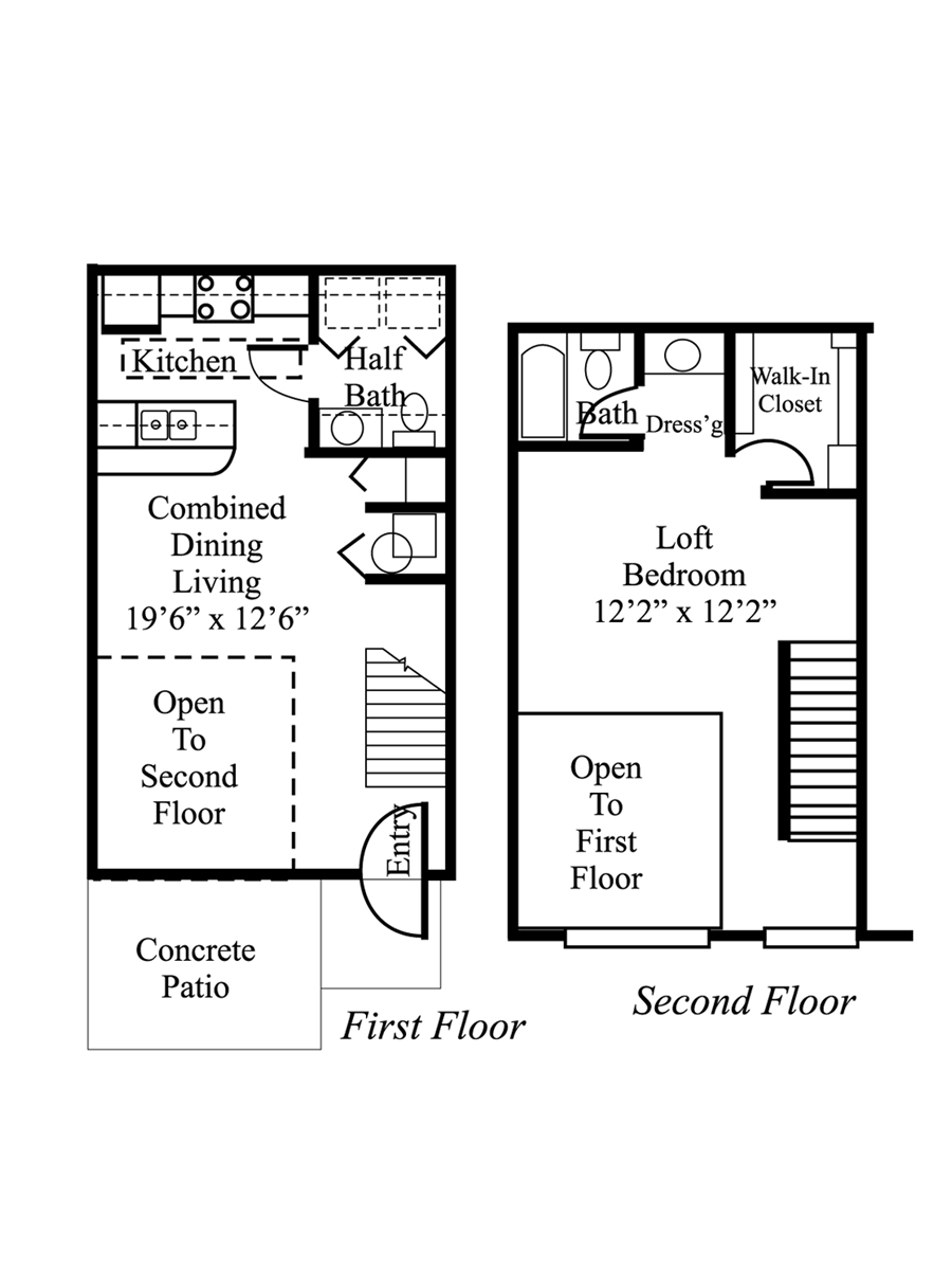 Floor plan of a two-story townhouse; first floor with kitchen, living area, and patio; second floor with a loft bedroom.