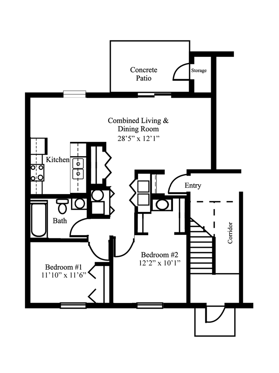 Floor plan of a home with a concrete patio, living room, dining room, kitchen, two bedrooms, and a bathroom.