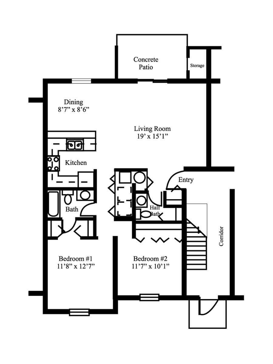 Floor plan of a house, featuring two bedrooms, a kitchen, a living room, and a patio.