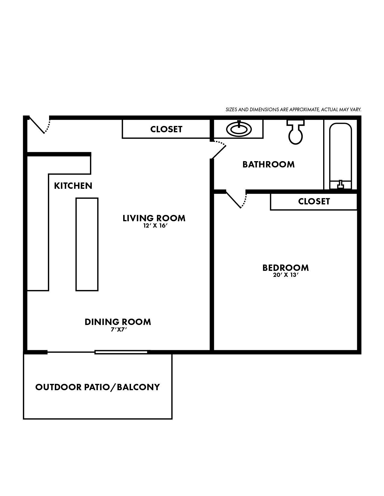 A black and white floor plan of a small apartment with a balcony.