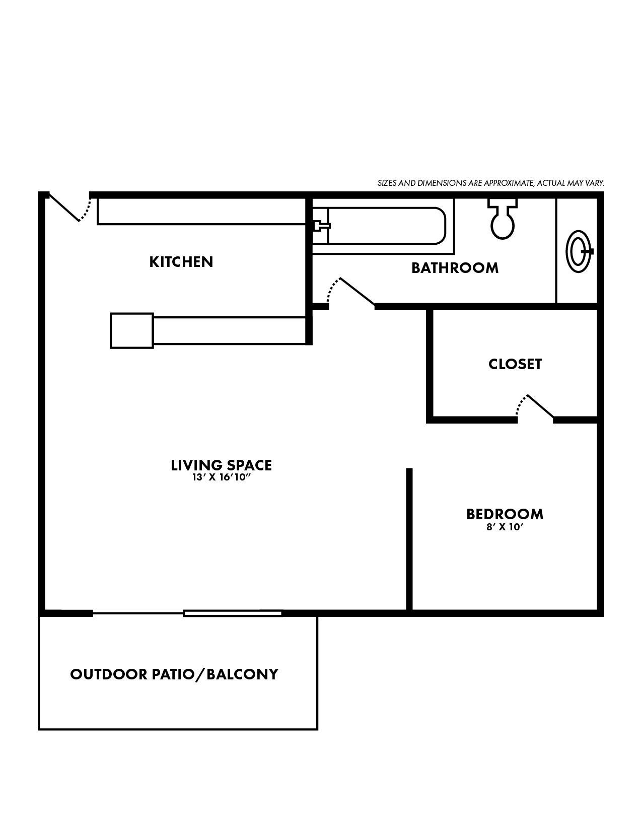 A black and white floor plan of a small apartment with a balcony.