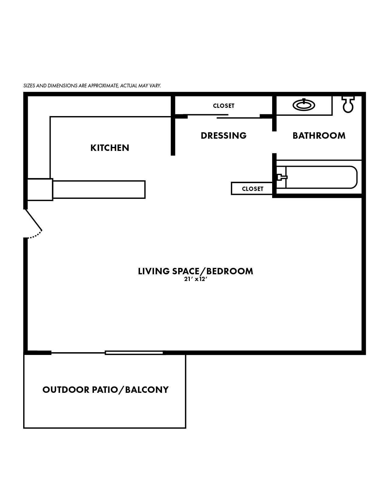 A black and white floor plan of a small apartment with a balcony.