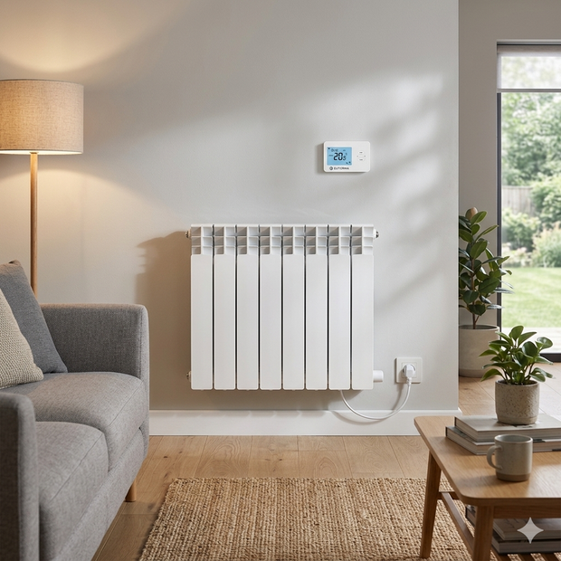 Acogedora sala de estar con sofá gris, radiador blanco, termostato de pared y planta en maceta junto a una ventana luminosa.