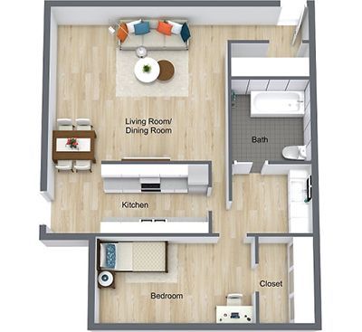 1 Bedroom 1 Bath floor plan