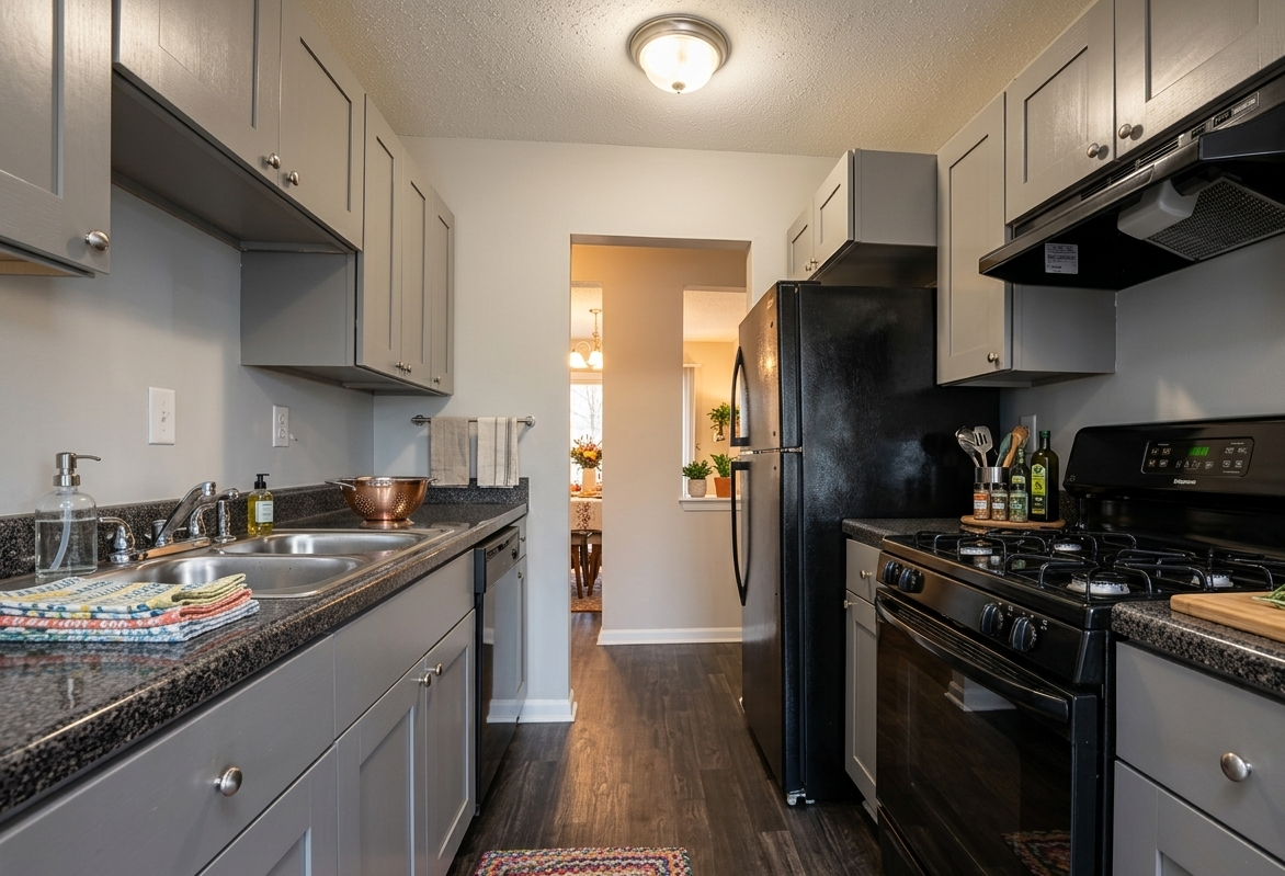 a kitchen with gray cabinets , a black refrigerator , a black stove , and a black dishwasher .