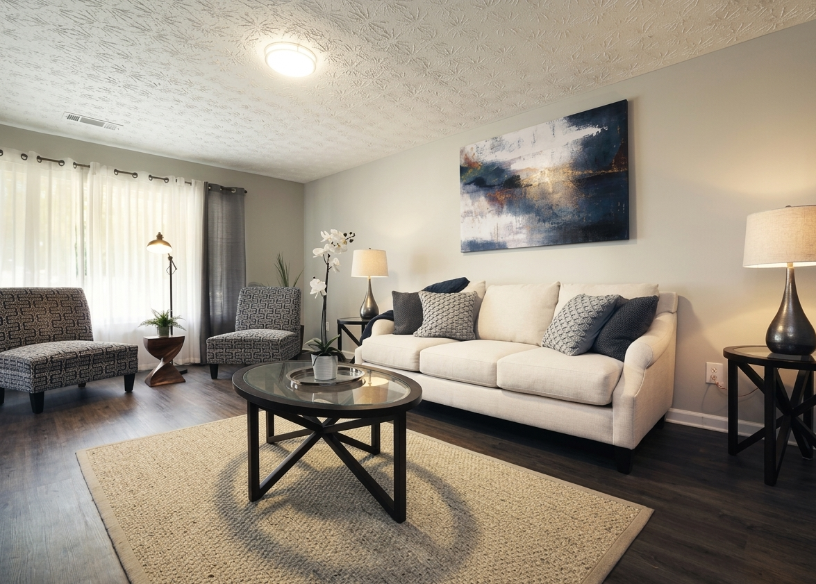 a living room with a couch , chairs , a coffee table and a painting on the wall .