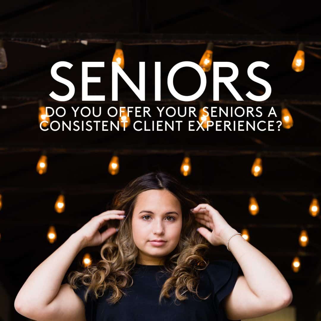 A woman is standing in front of a sign that says seniors do you offer your seniors a consistent client experience