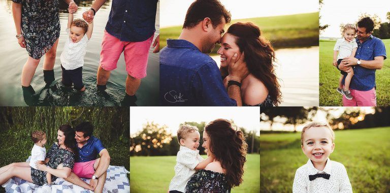 A collage of pictures of a family with two children.