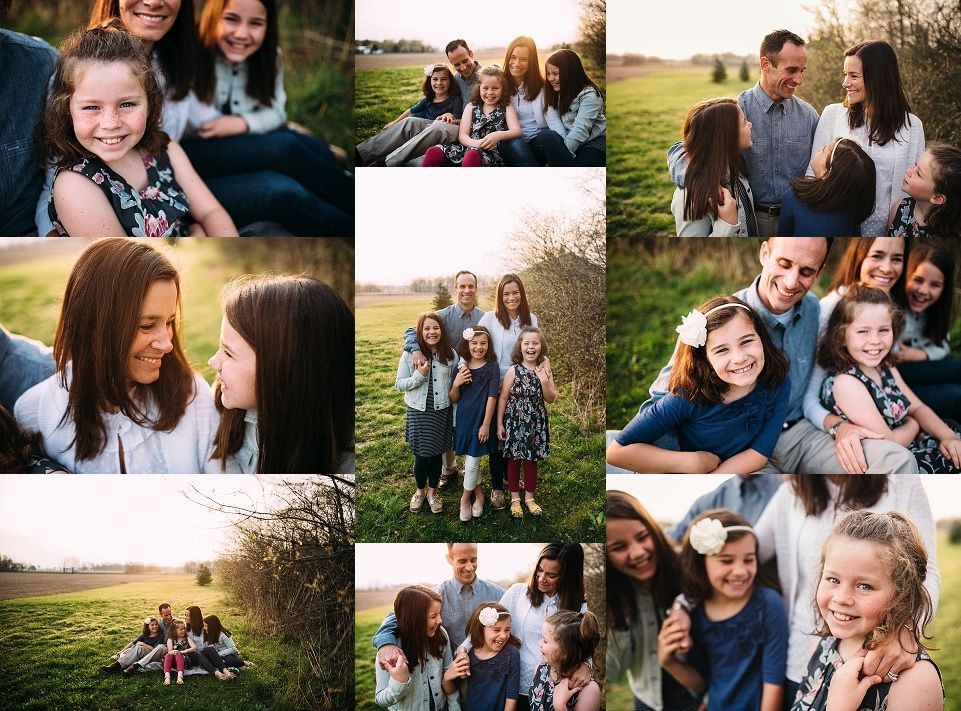 A collage of photos of a family sitting in a field.