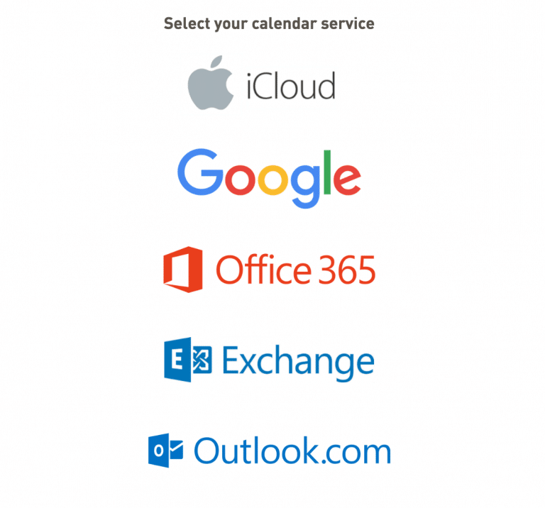 A selection of calendar services including apple icloud google office 365 and outlook.com