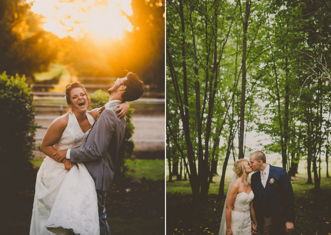 A bride and groom are posing for a picture on their wedding day.