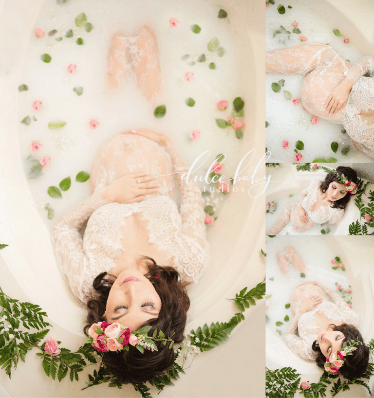 A pregnant woman is laying in a bathtub filled with milk and flowers