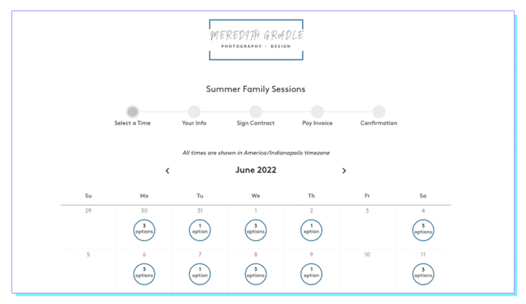 A screenshot of a calendar for a summer family session