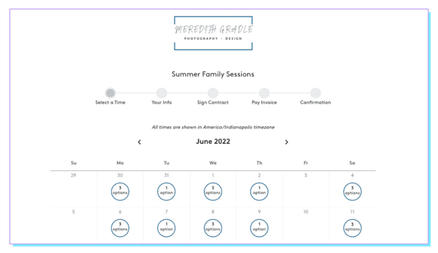 A screenshot of a calendar for a summer family session