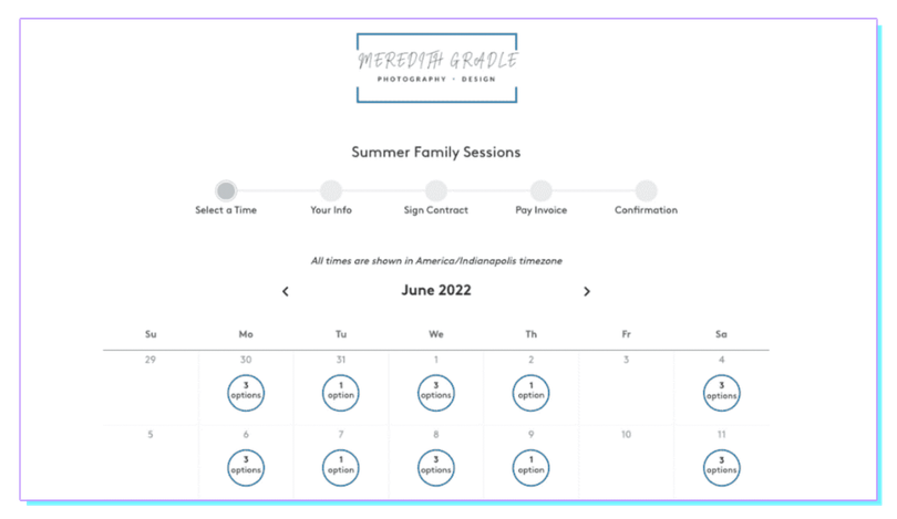 A screenshot of a calendar for a summer family session