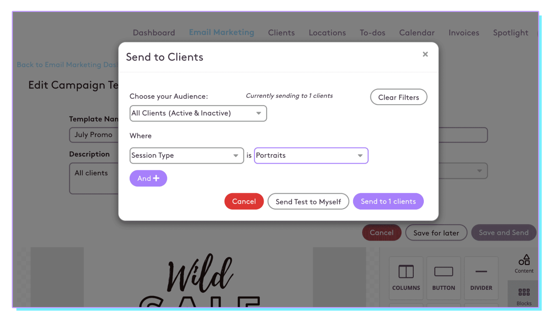 A screenshot of a website with a popup window that says ' send to clients ' on it.