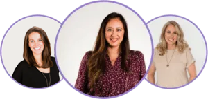 Three women are standing next to each other in purple circles