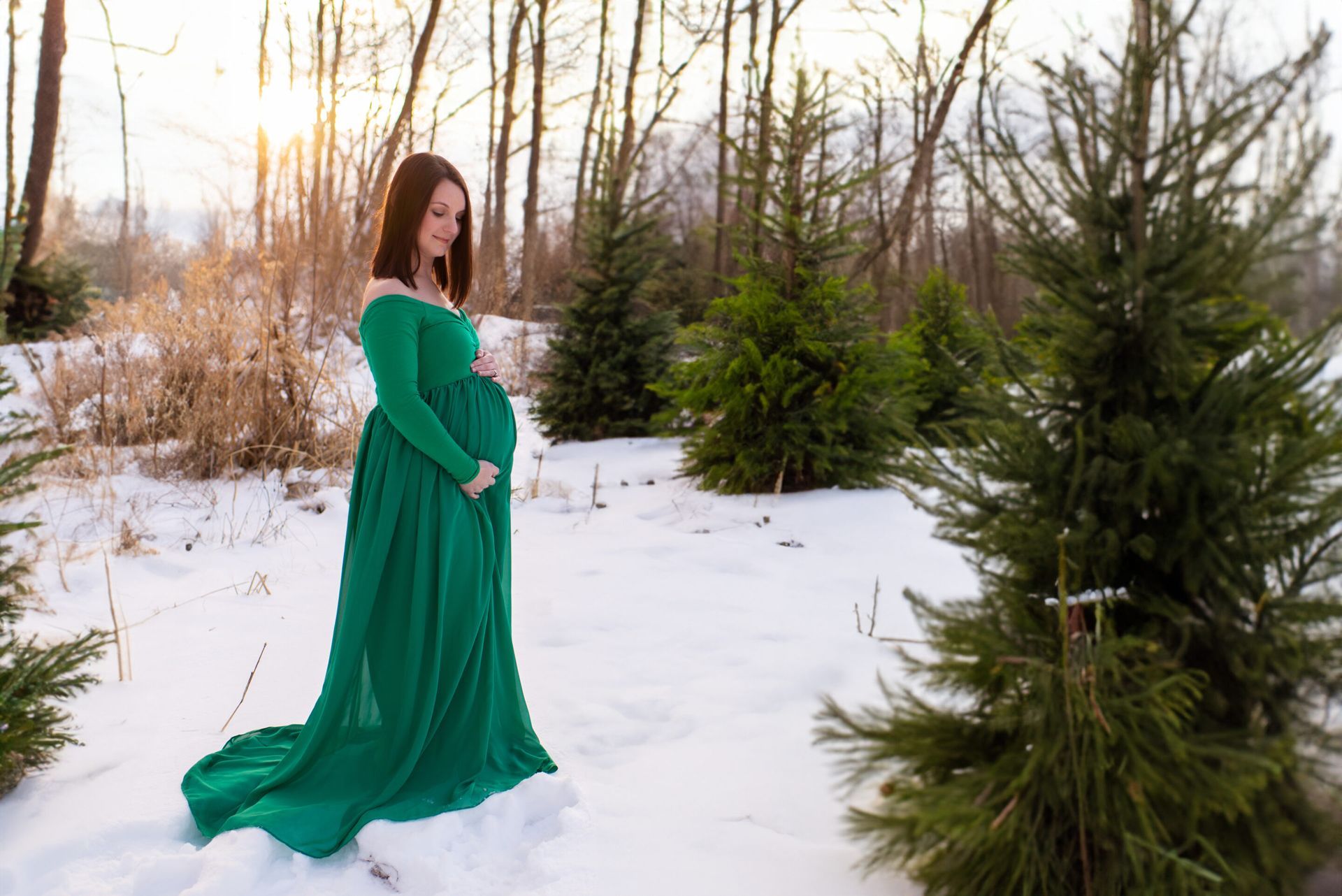 A pregnant woman in a green dress is standing in the snow.