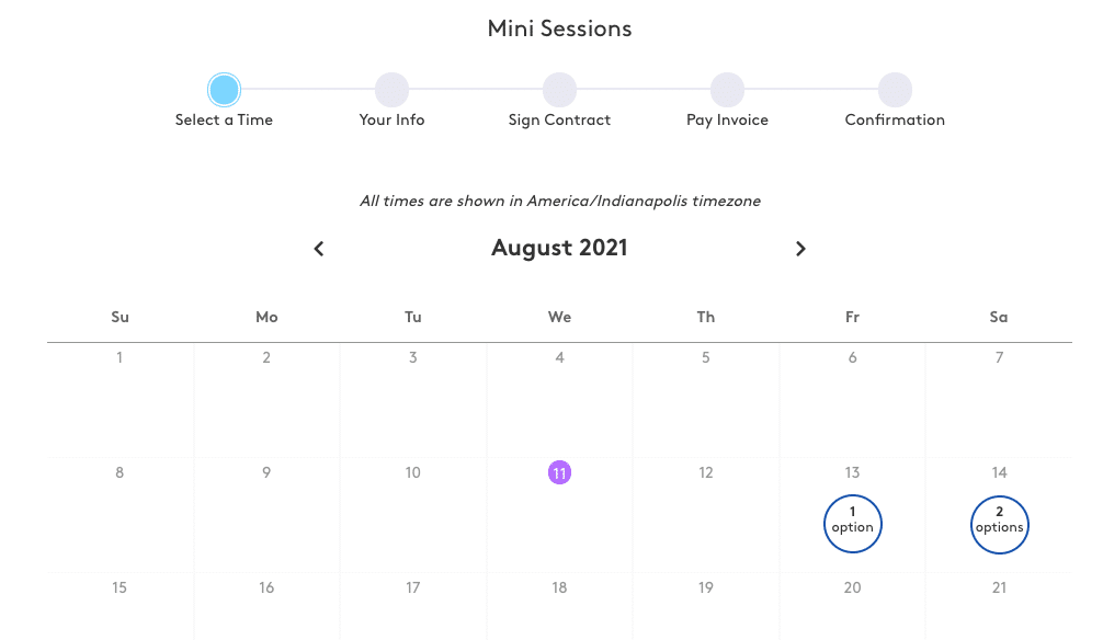 A calendar showing the dates of hire sessions for august 2021.