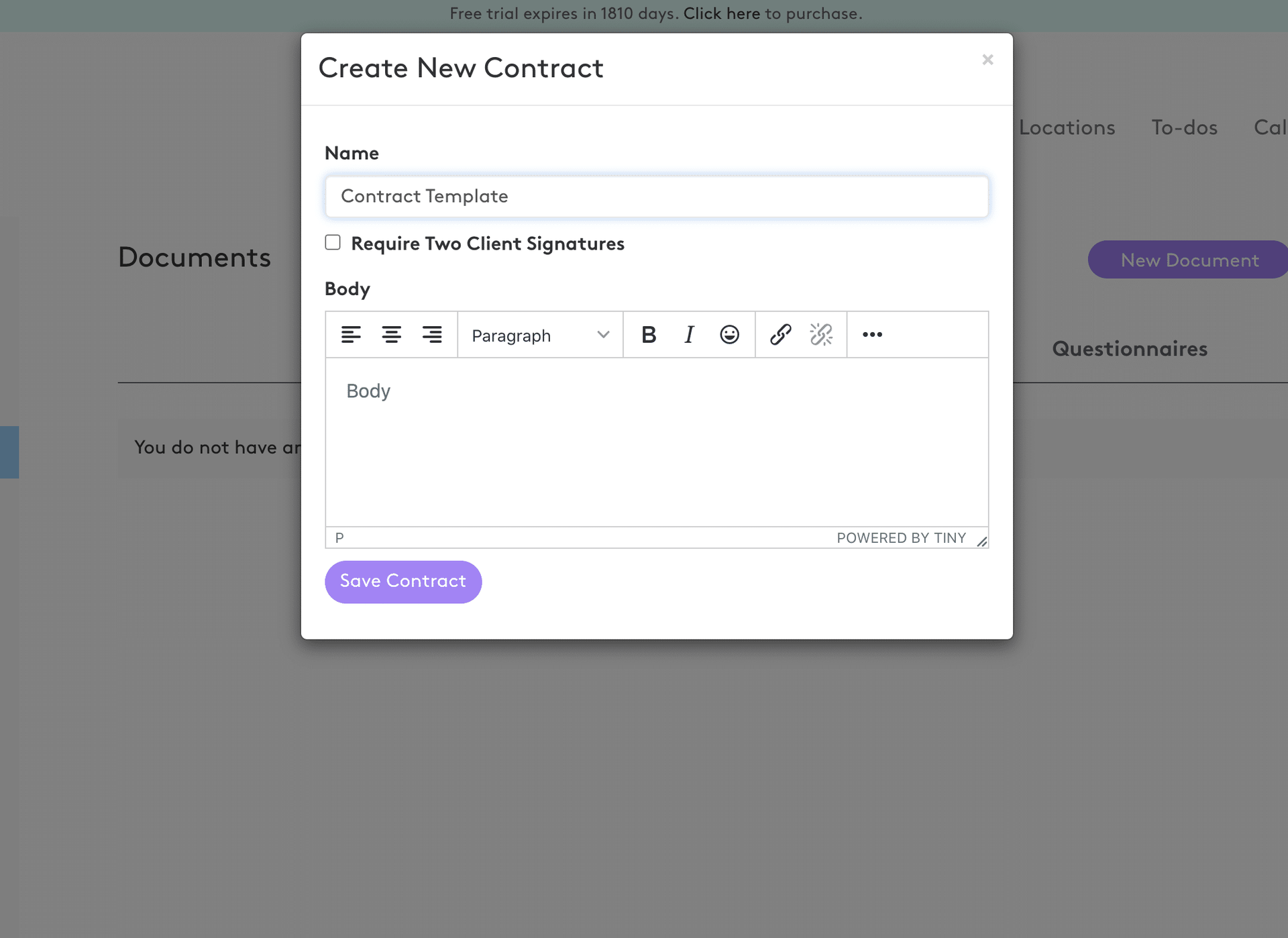 A screenshot of a website where you can create a new contract.