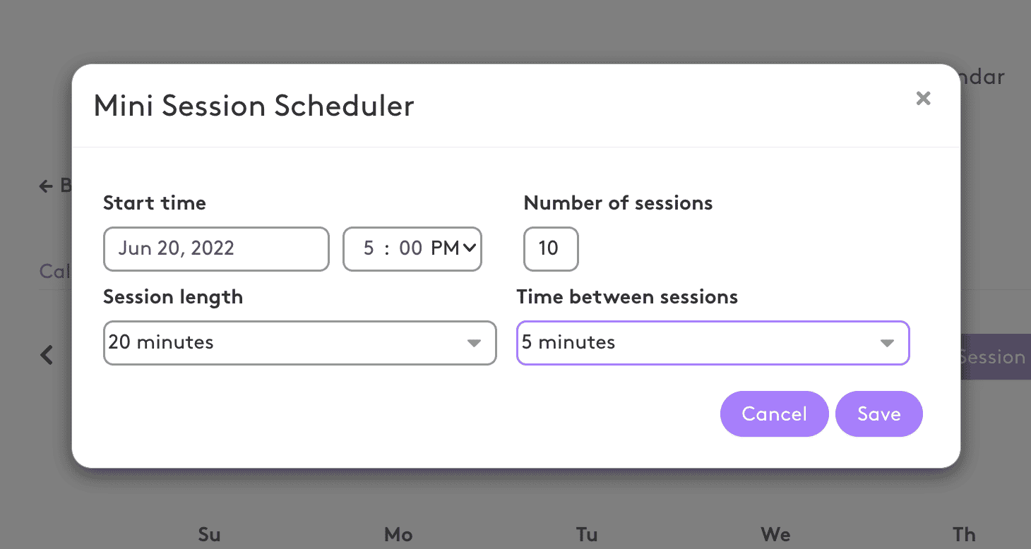 A screenshot of a mini session scheduler on a computer.