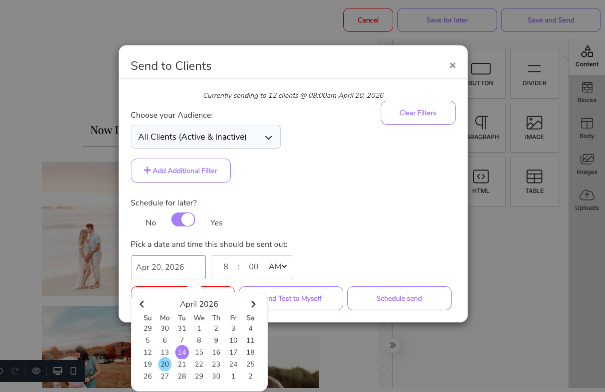 A screenshot of a website with a popup window that says ' send to clients ' on it.