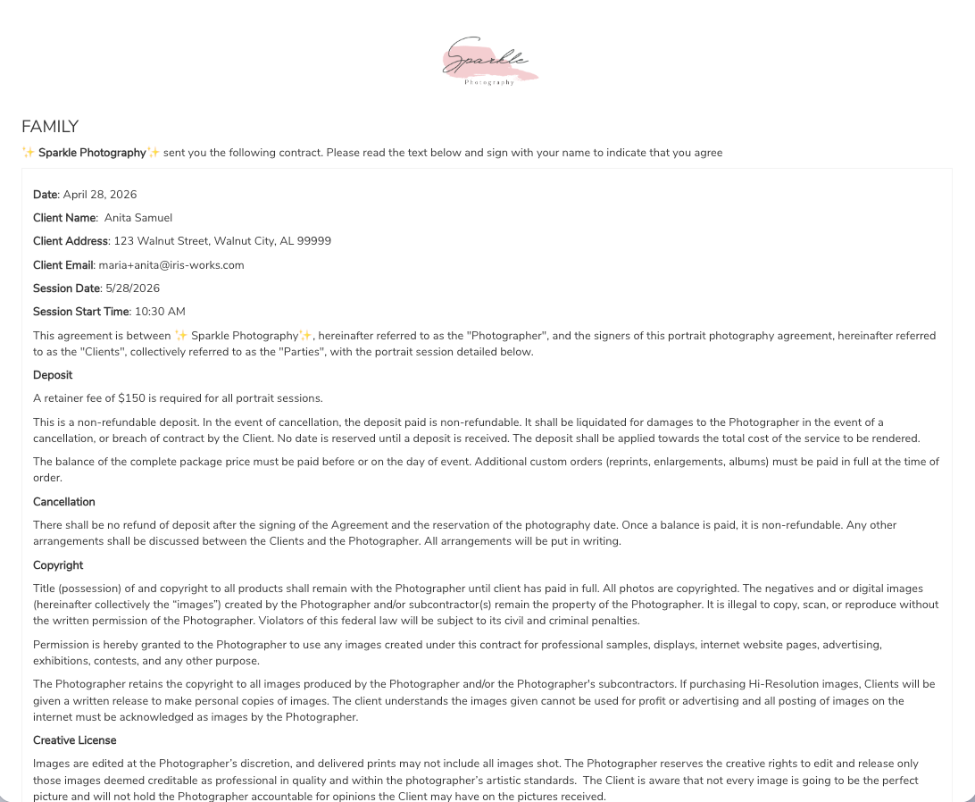 Electronic signature on photography contract