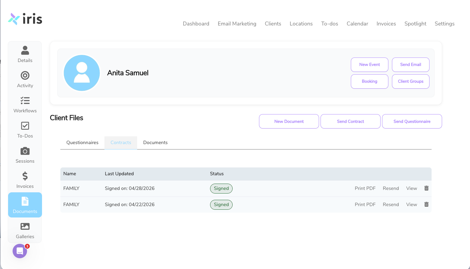 Client profile in Iris Works showing the Contracts tab with a list of signed contracts, status labels, last updated dates, and options to view, resend, or download each contract