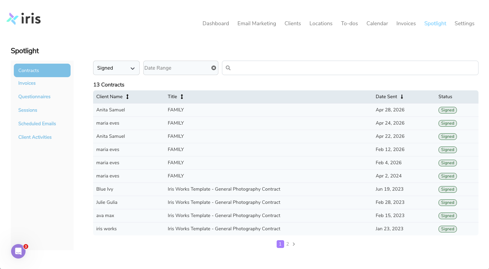 Contract management dashboard showing sent and signed status