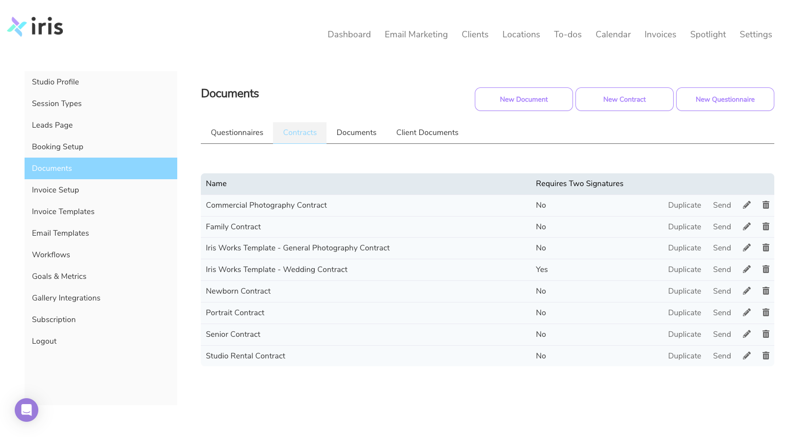 Photography contract template editor interface